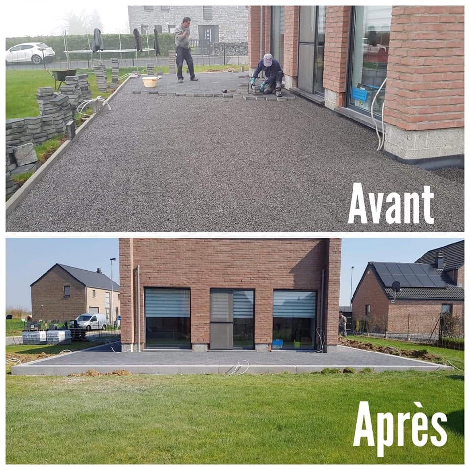 Avant / après : terrasse et allée en pavés réalisées par Jardin Passion
