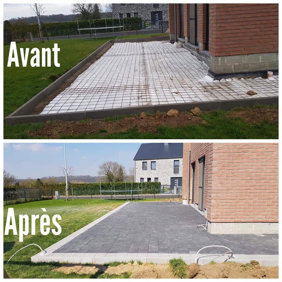 Avant / après : terrasse et allée en pavés réalisées par Jardin Passion