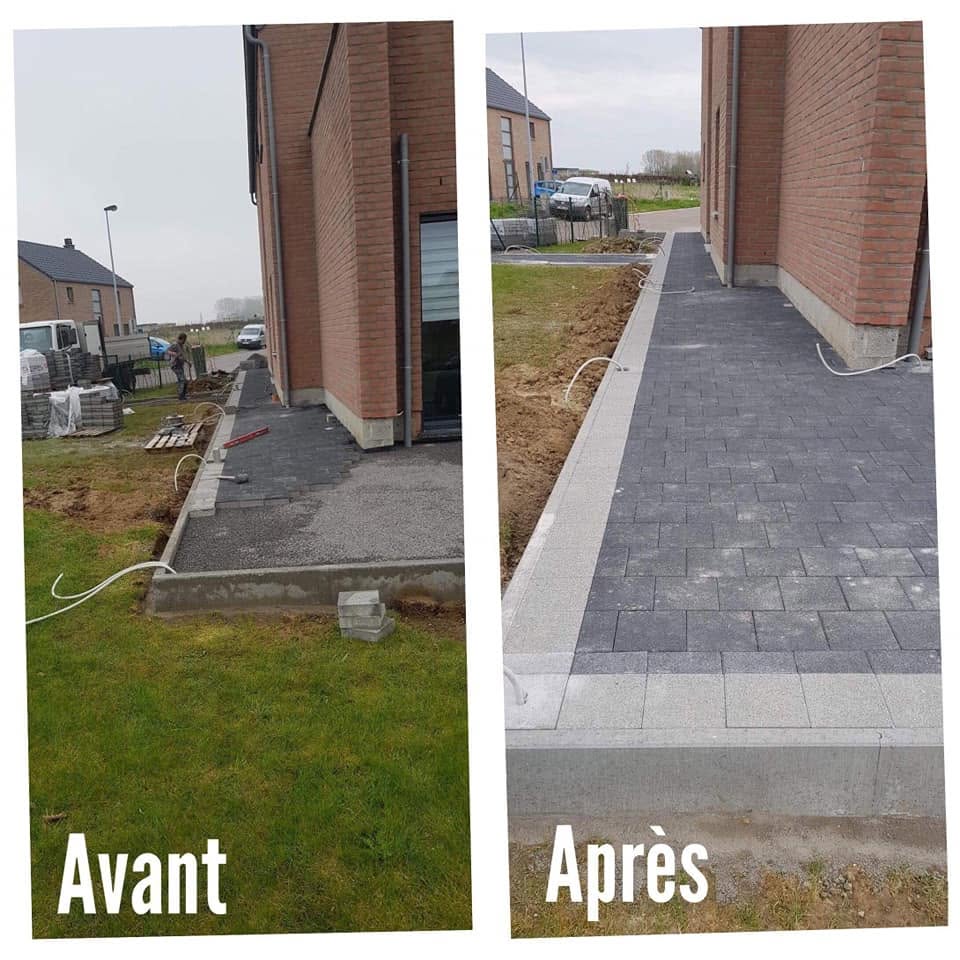 Avant / après : terrasse et allée en pavés réalisées par Jardin Passion