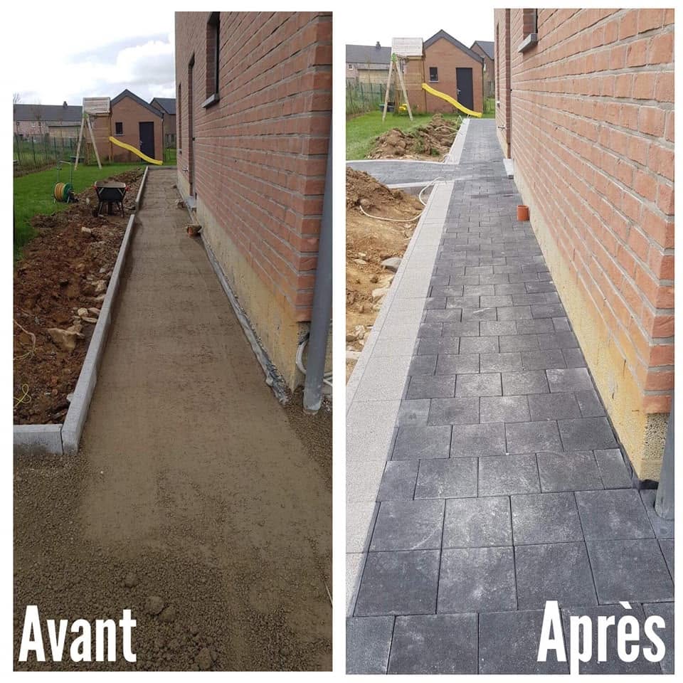Avant / après : terrasse et allée en pavés réalisées par Jardin Passion
