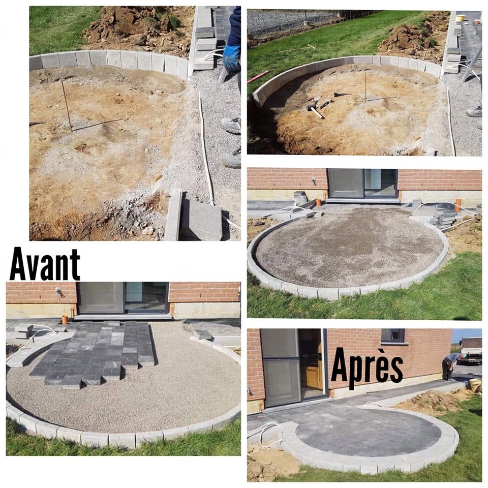 Avant / après : terrasse et allée en pavés réalisées par Jardin Passion