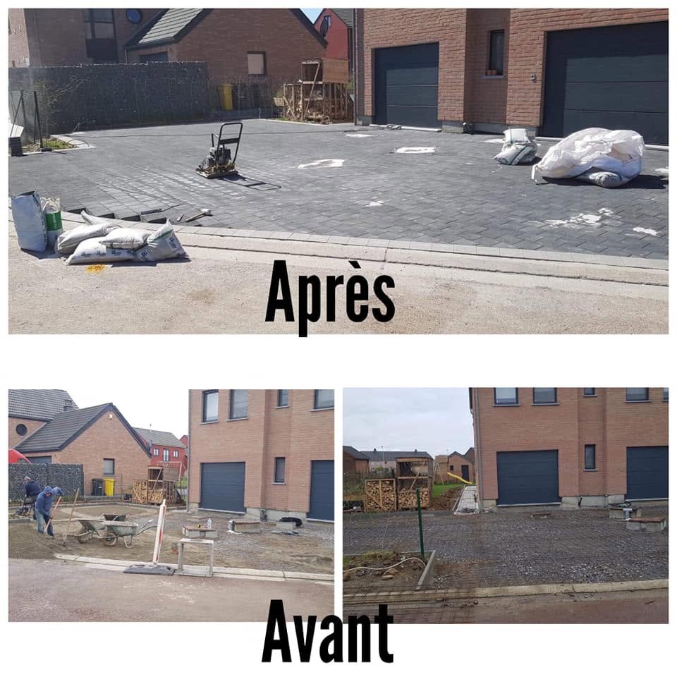 Avant / après : terrasse et allée en pavés réalisées par Jardin Passion